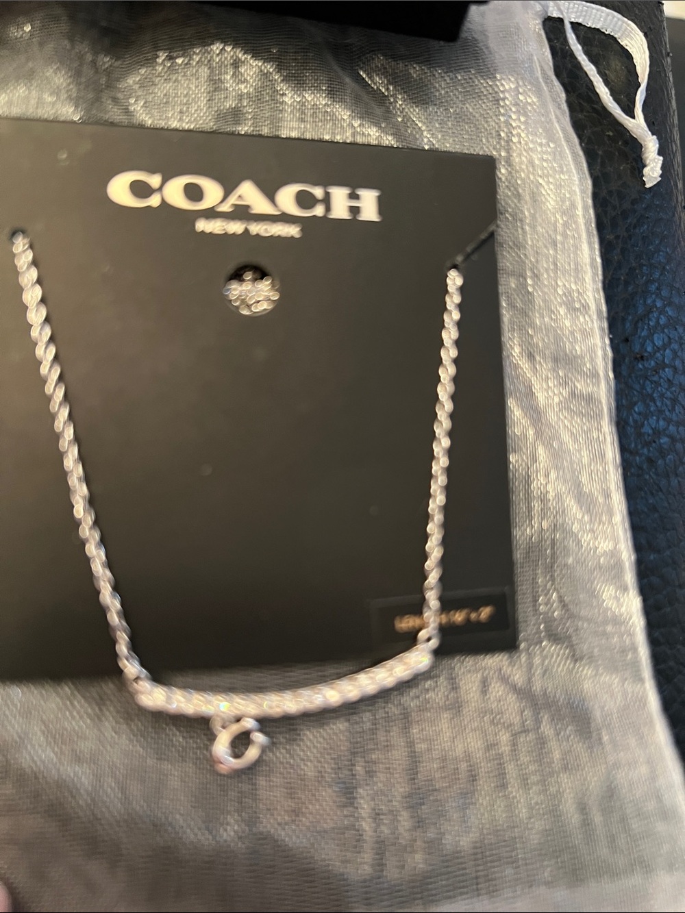 COACH Silver Pave Curved Bar Necklace with Tiny C Charm - Picture 6 of 6